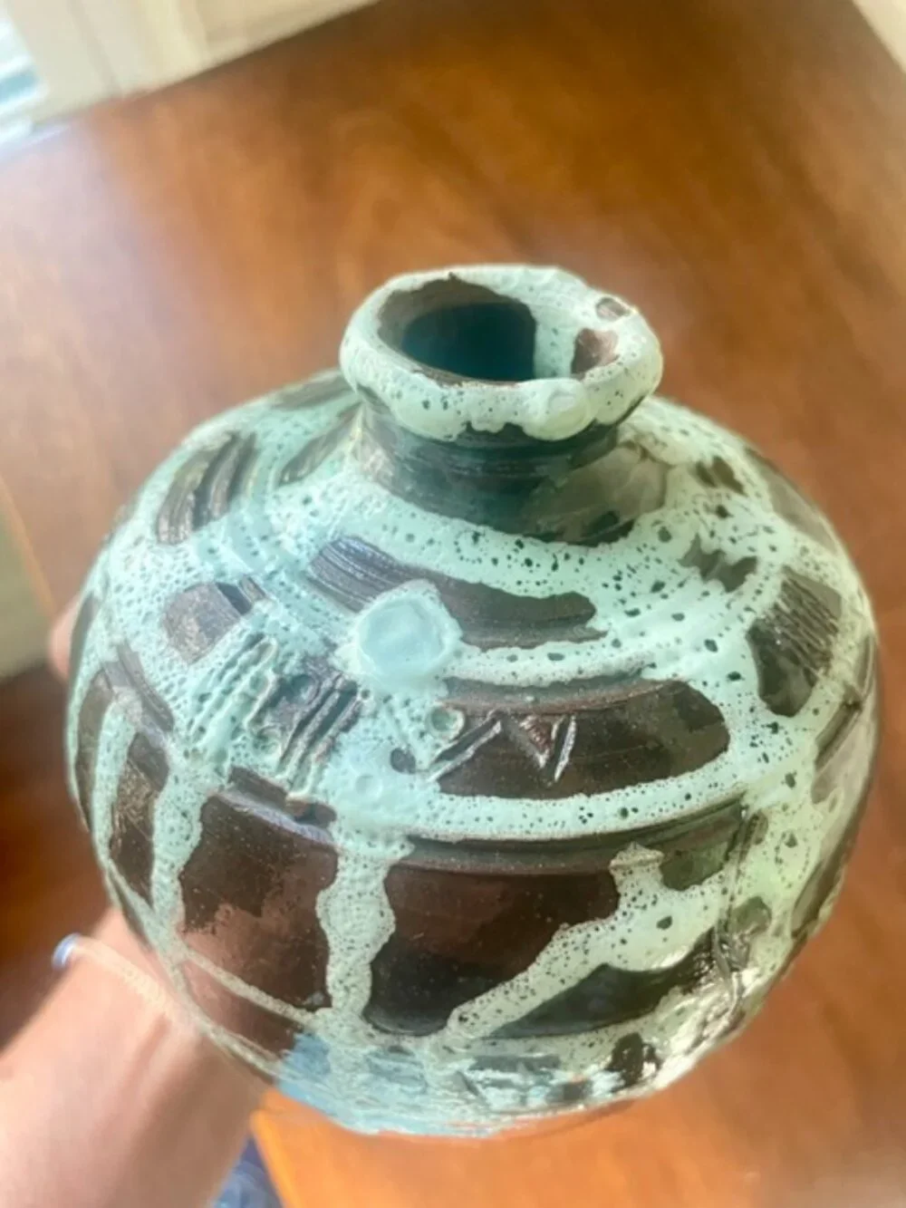 MCM European Vase VTG Dark Matte Base w/Textured Turquoise Drip Glaze